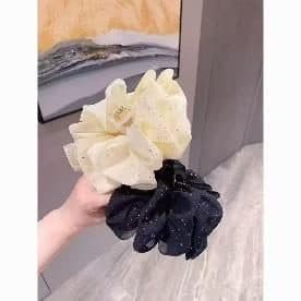 Cream and Navy Glitter Organza Ruffle Claw Clip
