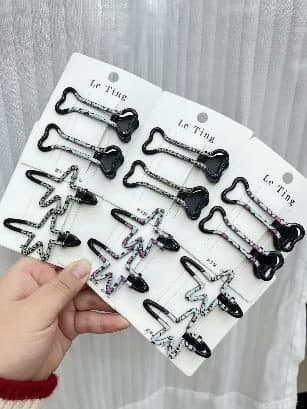 Black Glitter Outline Snap Hair Clips, Star and Bow