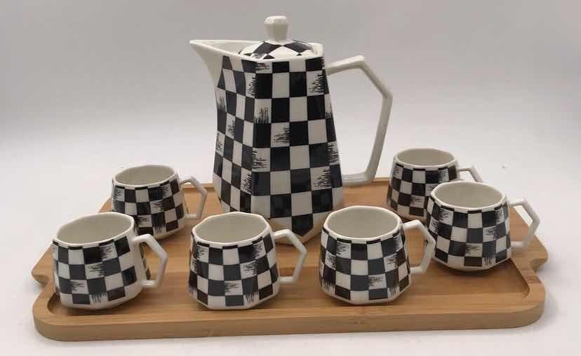 Chequerboard Ceramic Coffee Pot and Six Cup Set on Bamboo Tray