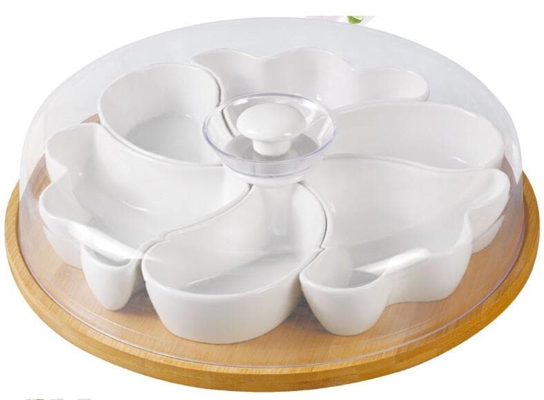6-Section Ceramic Serving Set on Round Bamboo Base with Acrylic Cover