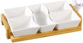 5-Piece Ceramic Serving Dish Set on Bamboo Tray