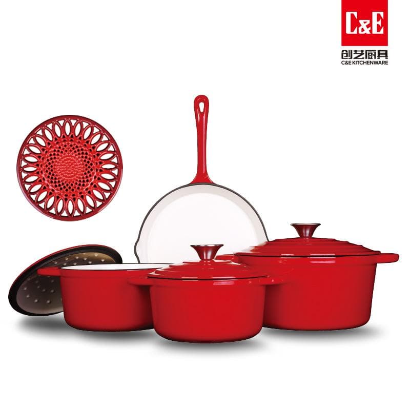 8pc Enamel Cast Iron Cookware Set, 20/22/24cm Casseroles and 25cm Frying Pan 6