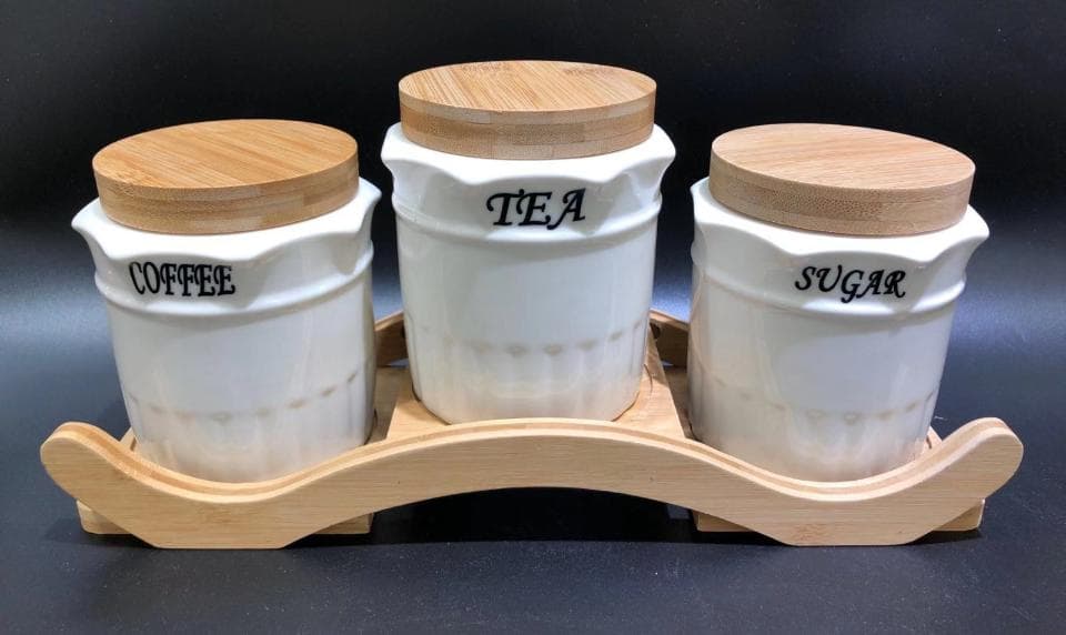 3-Piece Ribbed Ceramic Canister Set with Bamboo Lids on Arched Bamboo Stand