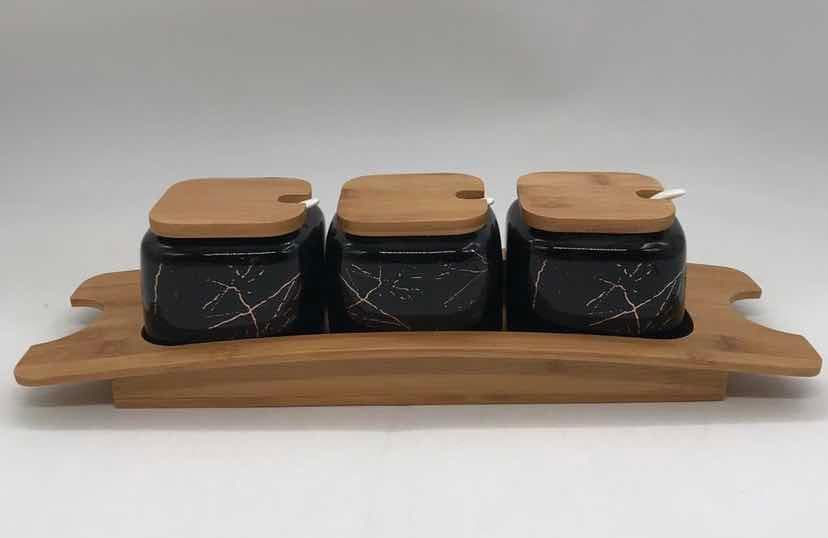 3-Piece Marble-Effect Ceramic Condiment Jar Set on Curved Bamboo Stand, Black