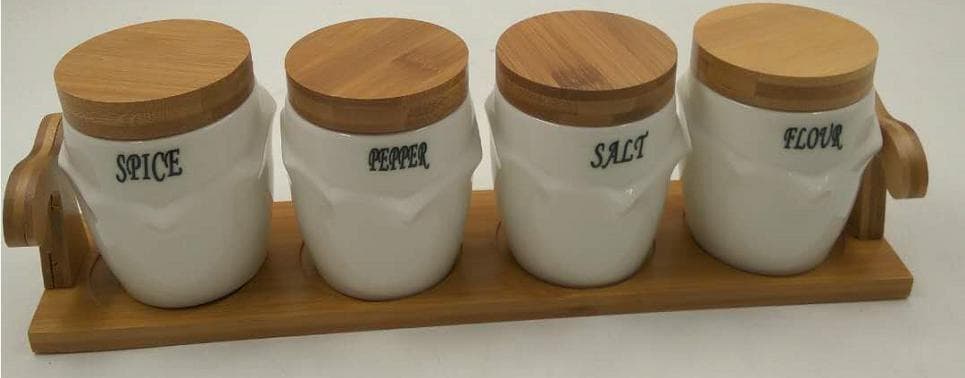 4-Piece Tapered Ceramic Spice Jar Set with Bamboo Lids on Bamboo Tray
