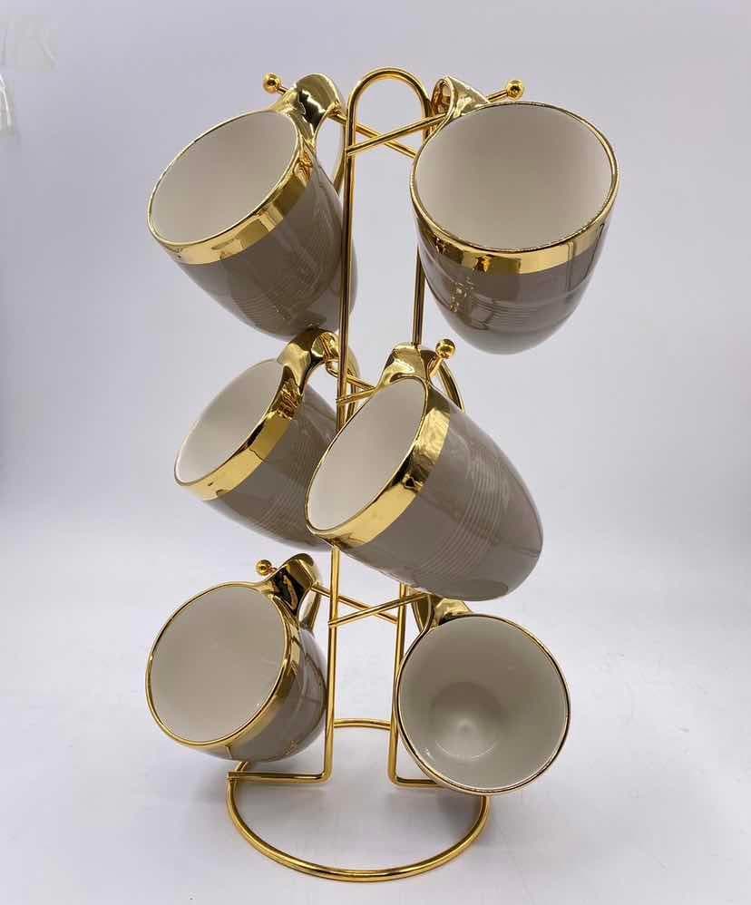 6-Piece Gold-Rimmed Curved Ceramic Mug Set on Gold Metal Mug Tree, Grey