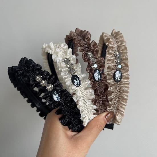 Ruffled Crystal Headband, Black, Cream and Brown