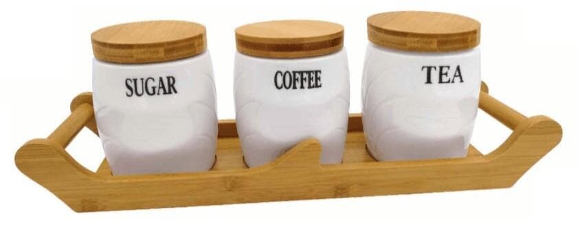 3-Piece Sugar, Coffee and Tea Ceramic Canister Set with Bamboo Lids on Tray