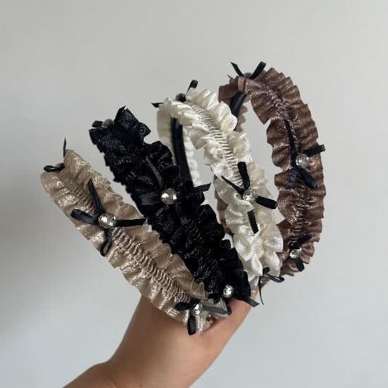 Ruffled Bow Headband with Crystals, Black and Cream