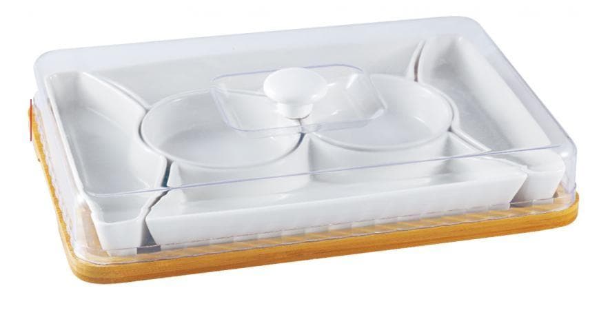 5-Piece Ceramic Serving Dish Set on Bamboo Tray with Acrylic Cover