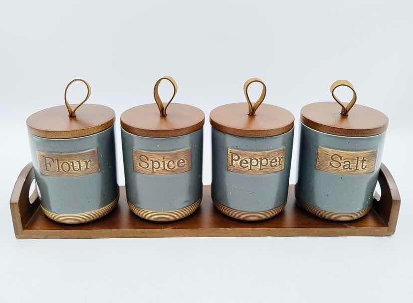 4-Piece Rustic Ceramic Spice Jar Set with Wooden Lids on Bamboo Tray, Grey