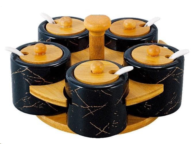 5-Piece Black Marble-Effect Ceramic Condiment Jar Set with Spoons on Rotating Bamboo Base