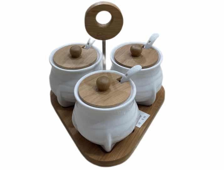 3-Piece Ceramic Spice Pot Set with Spoons on Ring-Handle Bamboo Stand