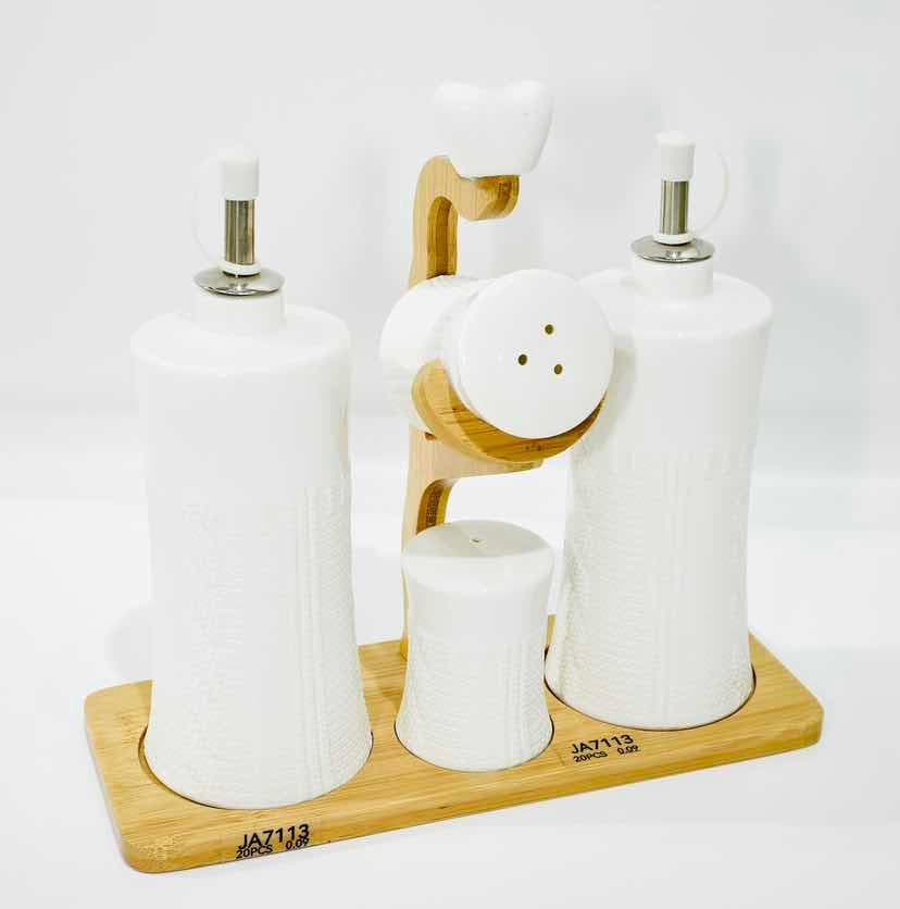 Textured Ceramic Oil and Vinegar Set with Shakers on Curved Bamboo Stand
