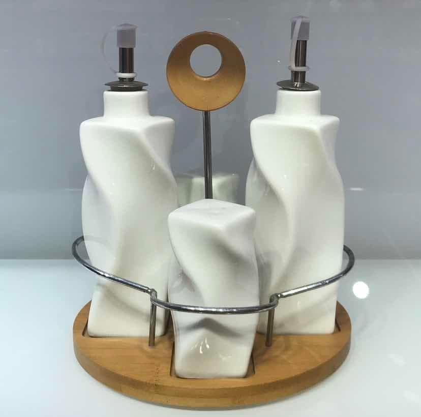 4-Piece Twisted Ceramic Oil, Vinegar, Salt and Pepper Cruet Set on Bamboo Base