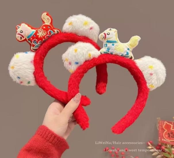 Lunar New Year Plush Headband with Pompoms, Red
