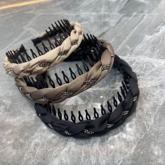 Braided Rhinestone Headband with Comb Teeth, Black and Tan