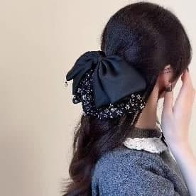 Navy Satin Bow Claw Clip with Crystal Trim