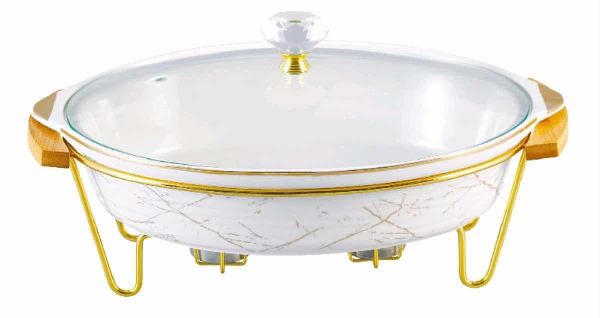 Marble-Effect Oval Ceramic Chafing Dish with Glass Lid and Gold Stand, Large