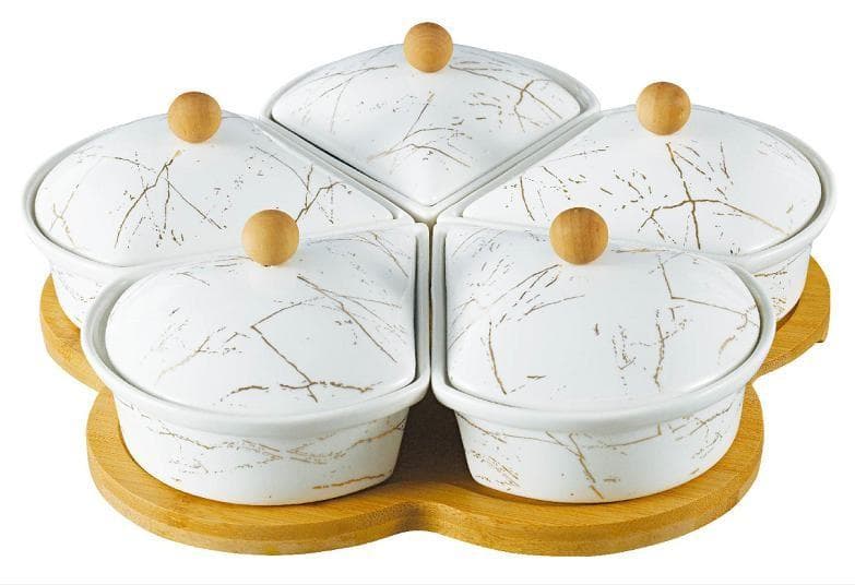 4-Piece Marble-Effect Lidded Ceramic Dish Set on Clover-Shaped Bamboo Base