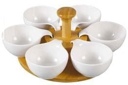 6-Piece Ceramic Serving Bowl Set on Flower Bamboo Base with Post
