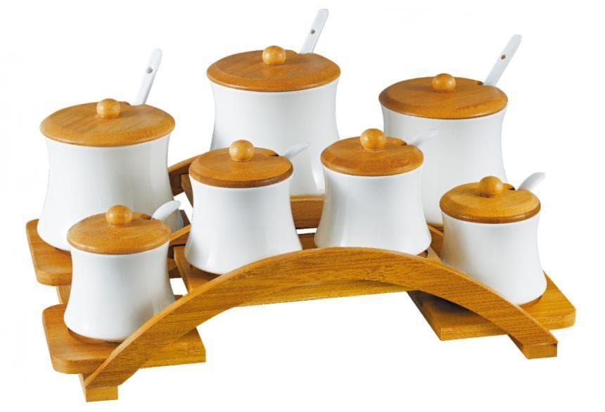 7-Piece Ceramic Spice Pot Set with Bamboo Lids and Spoons on Arched Stand