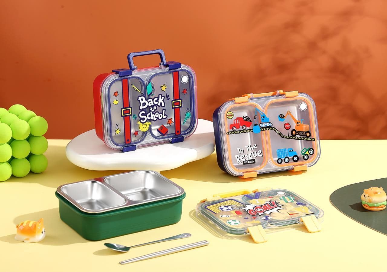 PP Plastic 3-Compartment Lunch Box, 23 x 16.8 x 12 cm, with Spoon and Fork