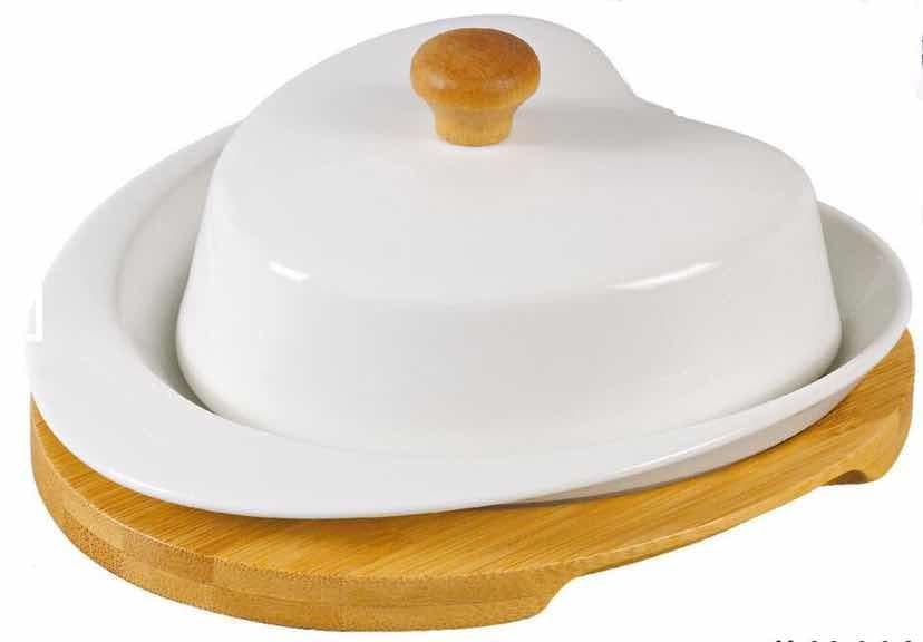 Oval Ceramic Butter Dish with Domed Lid on Bamboo Board, Large