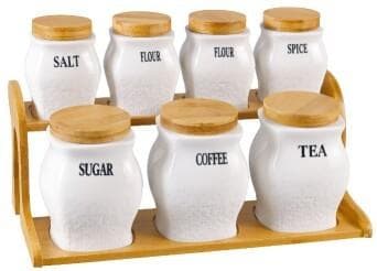 7-Piece Embossed Ceramic Canister and Spice Set on Two-Tier Bamboo Rack