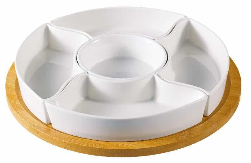 5-Section Round Ceramic Serving Platter on Bamboo Tray