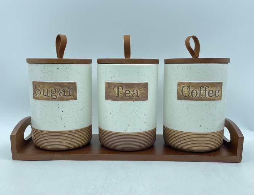 3-Piece Rustic Ceramic Sugar, Tea and Coffee Canister Set with Wooden Lids, White