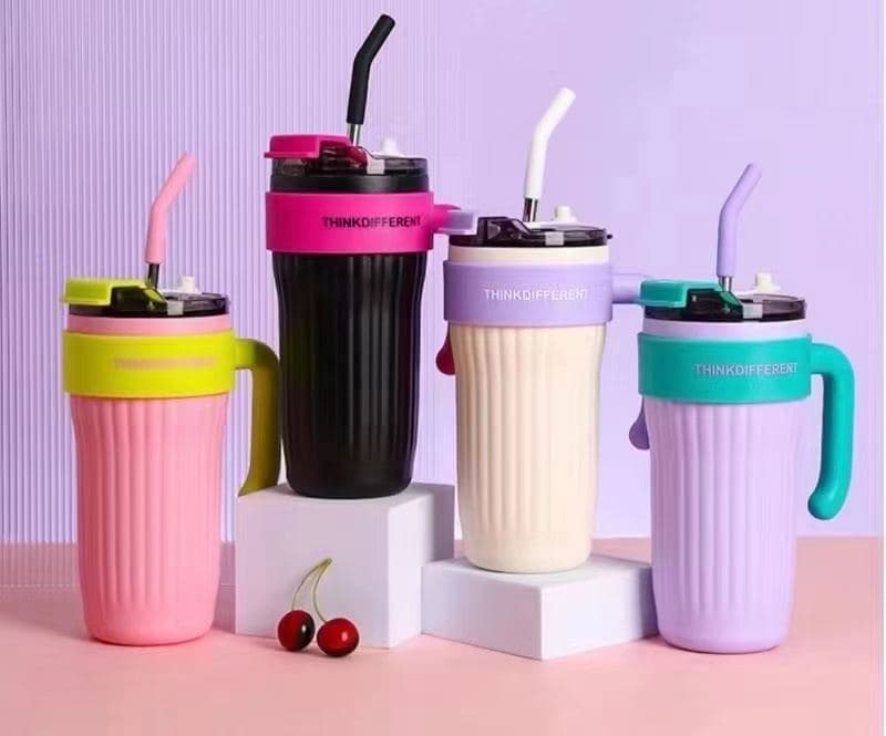 Diwangxin Handled Coffee Tumbler with Ribbed Body and Straw, 800ml 2