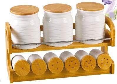 Ribbed Ceramic Canister Set with 6 Spice Shakers on Two-Tier Bamboo Rack