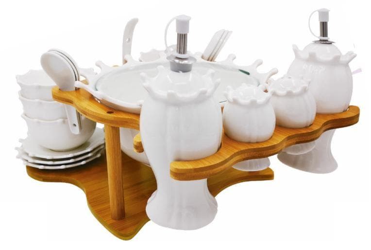 Ceramic Bowl, Plate, Spoon and Condiment Jar Set on Bamboo Stand