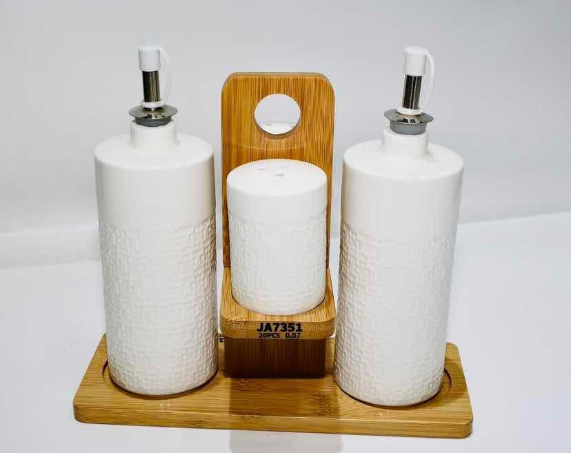 Textured Ceramic Oil and Vinegar Set with Shaker on Bamboo Stand with Ring Handle