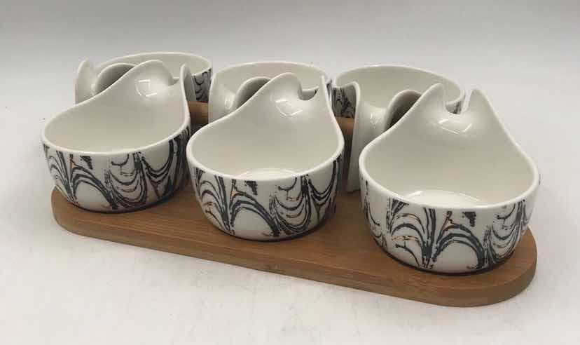 Ink-Swirl Teardrop Ceramic Dip Bowl Set on Bamboo Tray