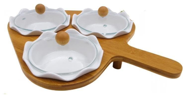 3-Piece Lidded Flower-Shaped Ceramic Dip Bowl Set on Bamboo Paddle Board