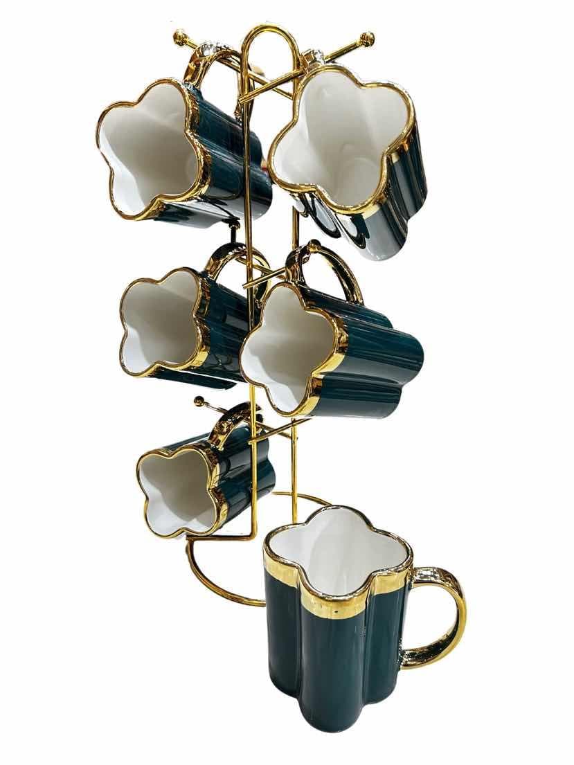 6-Piece Gold-Rimmed Clover-Shaped Ceramic Mug Set on Gold Metal Mug Tree, Dark Green