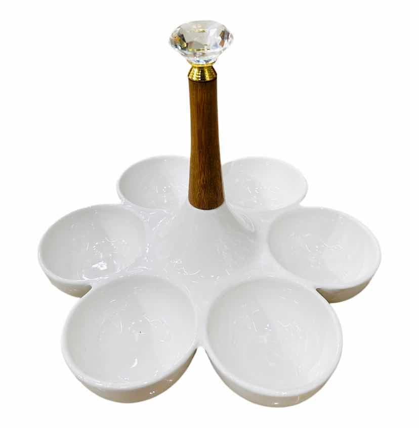 6-Section Ceramic Serving Platter with Crystal-Top Wooden Handle