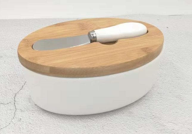 Round Ceramic Butter Dish with Bamboo Lid and Spreader