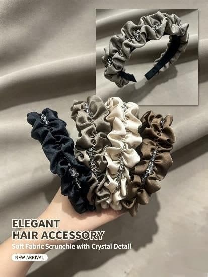 Satin Scrunchie Headband with Crystal, Cream and Brown