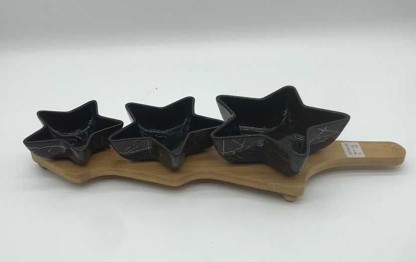 3-Piece Star-Shaped Black Marble-Effect Ceramic Dip Bowl Set on Bamboo Paddle Board