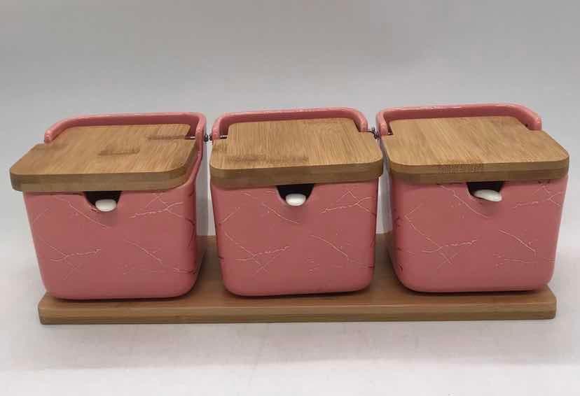 3-Piece Large Marble-Effect Ceramic Storage Jar Set with Bamboo Lids, Pink