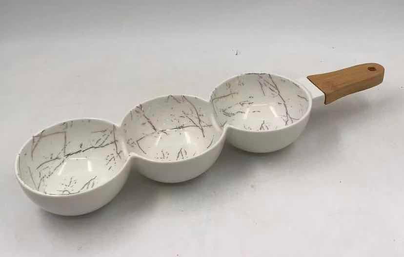 3-Section Marble-Effect Ceramic Dip Dish with Bamboo Handle