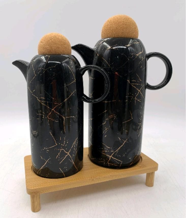 Black Marble-Effect Ceramic Oil and Vinegar Pourer Set with Cork Stoppers on Bamboo Stand