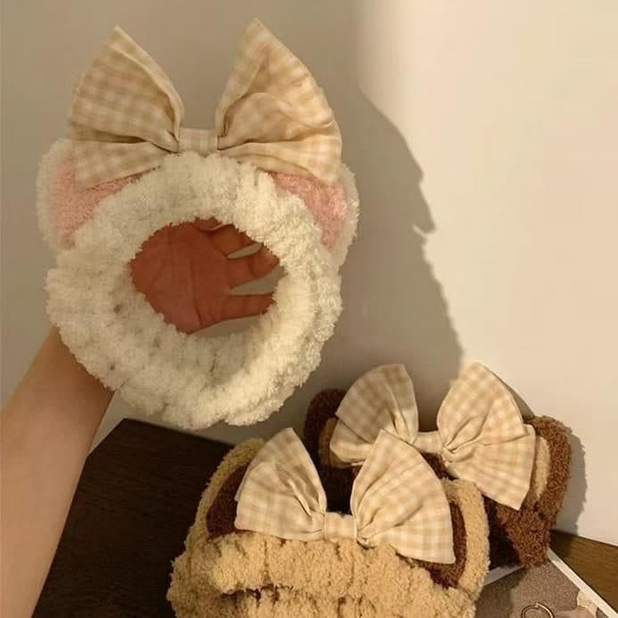 Gingham Bow Ear Headband, Beige