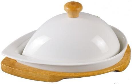 Round Ceramic Cheese Dome with Wooden Knob on Oval Bamboo Board, Large