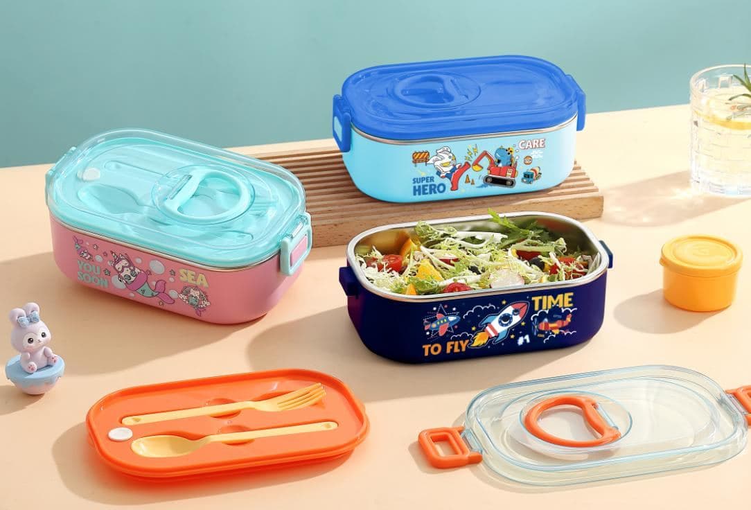 Capybara Stainless Steel 3-Compartment Lunch Box, 20 x 14.5 x 5.2 cm, with Spoon and Fork