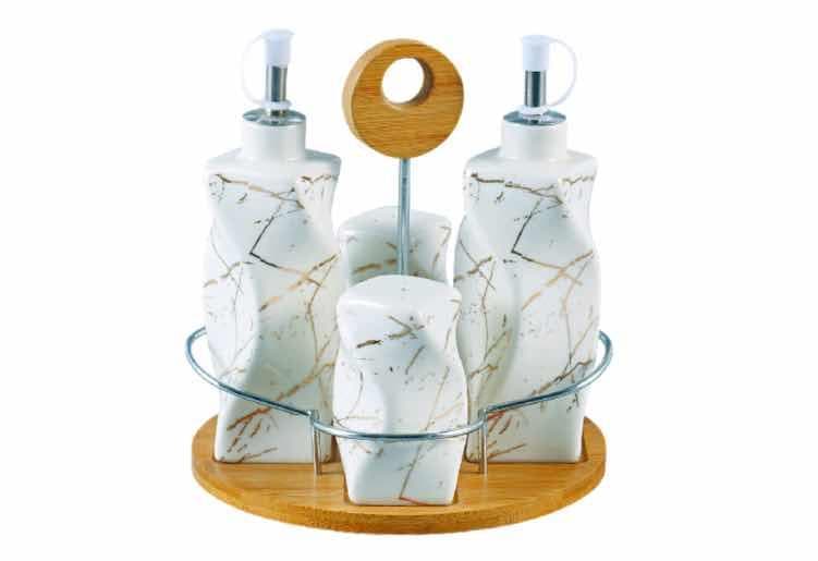 Marble-Effect Ceramic Cruet Set with Oil Bottles and Shakers on Round Bamboo Stand