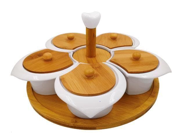 5-Piece Lidded Ceramic Dish Set on Rotating Bamboo Base with Handle